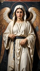 Naklejka premium Angelic figure with wings in renaissance style painting art religious artwork