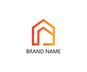 Flat modern home icon with orange line roof and geometric foundation