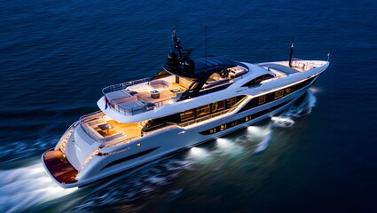 Luxury yacht sailing at night aerial view of superyacht on ocean for sale or charter