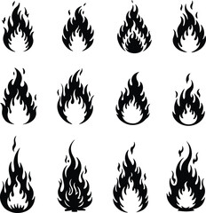Dynamic Fire Flames Icons Set: Red and Orange Hot Blaze Elements for Energy, Heat, and Danger Concepts.