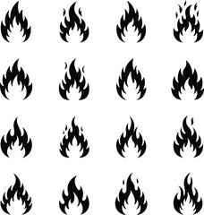 Dynamic Fire Flames Icons Set: Red and Orange Hot Blaze Elements for Energy, Heat, and Danger Concepts.