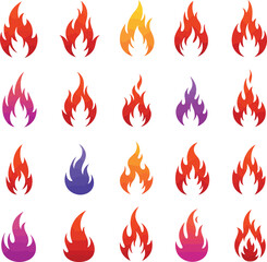 Dynamic Fire Flames Icons Set: Red and Orange Hot Blaze Elements for Energy, Heat, and Danger Concepts.