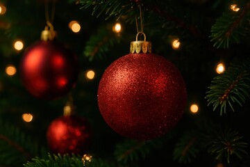 Obraz premium A close up of red ornaments hanging from a christmas tree