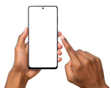 Hand holding phone mockup with blank screen for app design on transparent background