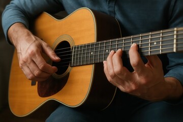 A man playing an acoustic guitar with his hands on the strings