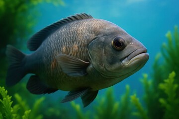 A large fish swimming in the water surrounded by plants