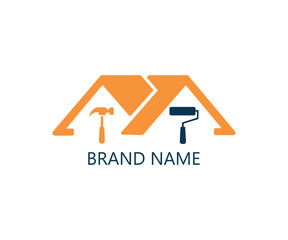 Vector house renovation logo with orange rooftop and home repair tools