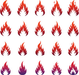 Dynamic Fire Flames Icons Set: Red and Orange Hot Blaze Elements for Energy, Heat, and Danger Concepts.