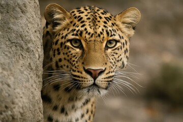 Fototapeta premium A close up of a leopard peeking out from behind a rock