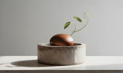 Minimalist Plant Still Life with Wooden Sphere