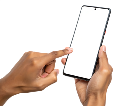 Hands using smartphone mobile phone blank screen mockup display on transparent background