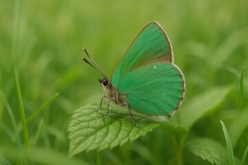Obraz premium A green butterfly sitting on top of a green leaf
