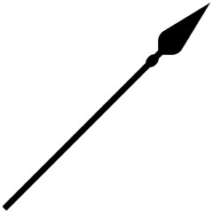 Spear icon, isolated silhouette of black color flat illustration with sharp, angular head, angled vector graphic, suggestive of historical warfare and hunting.