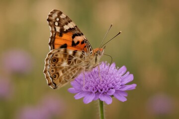 Obraz premium A butterfly sitting on a purple flower in a field