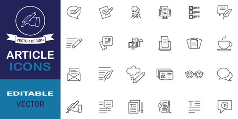 Article icon set. Included icons as relative article writing, internet content editing, author, blog, storytelling, article and more outline symbol. Vector illustration.