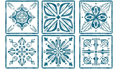 six tiles with blue watercolor patterns
