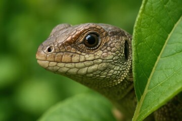 Fototapeta premium A close up of a lizard peeking out from behind a leaf