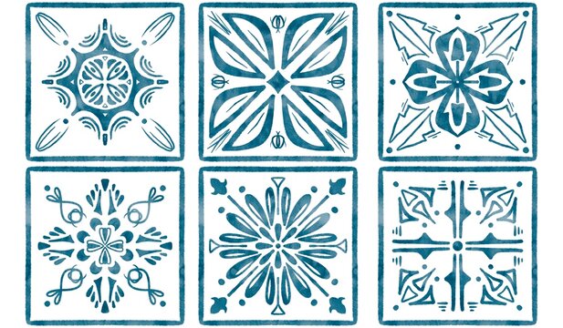 six tiles with blue watercolor patterns - Powered by Adobe
