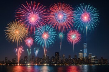 A view of a city skyline with fireworks in the sky