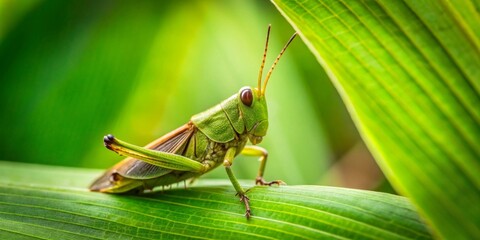 A vibrant green grasshopper perched delicately on a lush, verdant leaf, showcasing intricate details of its body and the surrounding foliage