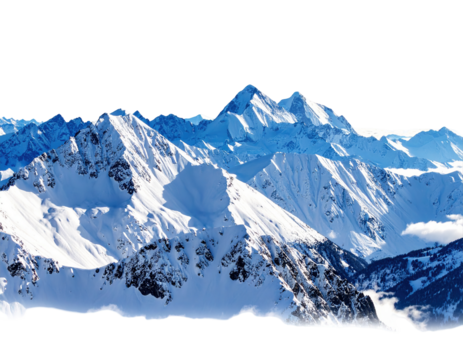 Snow covered mountain range with blue sky on a bright sunny day view isolated on transparent background