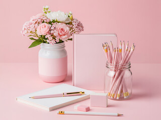 Pretty Pink Stationery Arrangement with Flowers and Pencils for a Stylish Workspace