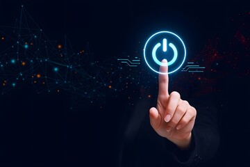 Businessman touching glowing power button icon on virtual screen representing digital startup and technology activation