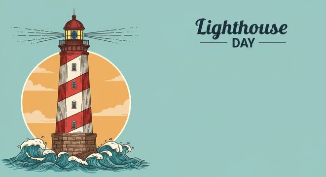 National Lighthouse Day background concept with a majestic lighthouse shining brightly at sunset over the calm open ocean. Illustration for poster, card or post with empty space for text. August 7.
