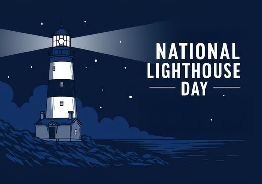 Lighthouse illuminating ocean waves at night. Coastal navigation for ships. National Lighthouse Day concept. Illustration for poster, card or post with empty space for text.	
