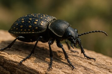 A black beetle sitting on top of a piece of wood