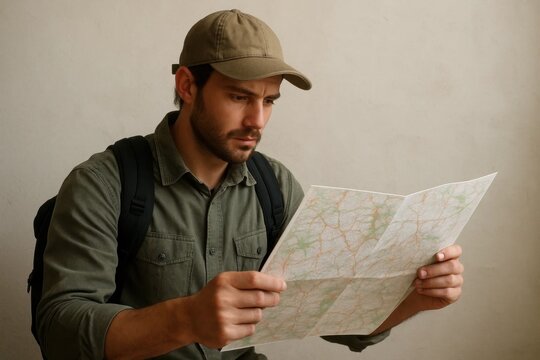 A man in a hat looking at a map