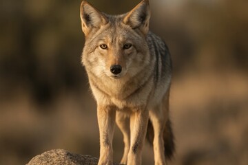 Fototapeta premium A coyote standing on top of a rock in the desert