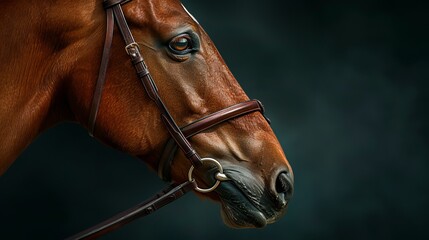 Obraz premium Close-up of a majestic brown horse's head, highlighting its expressive eye and detailed bridle against a dark, moody background.