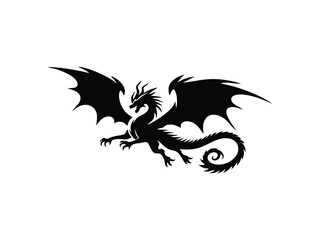 An epic pose of a mythical black dragon flying, rendered in vector silhouette format.