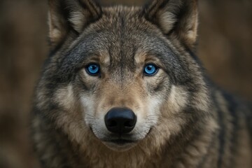 A close up of a wolf with blue eyes