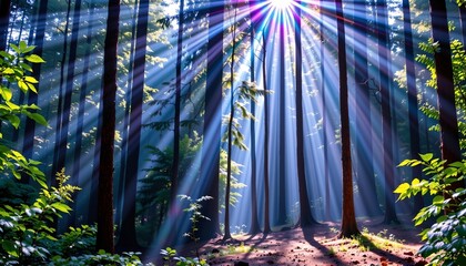 the image depicts a serene forest scene with a strong emphasis on light filtering through what appears to be tall trees with thin trunks