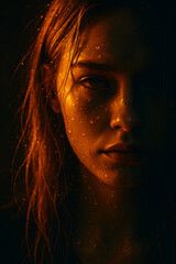 This striking close-up features a young woman's rain-soaked face illuminated by warm light, capturing a thoughtful and emotional moment filled with beauty and intensity.