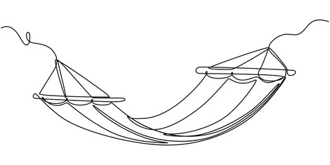 Hammock hung on trees continuous one line drawing. Relax concept minimalist style single line design. Vector illustration, editable stroke, continuous one line art drawing of a hammock illustration.