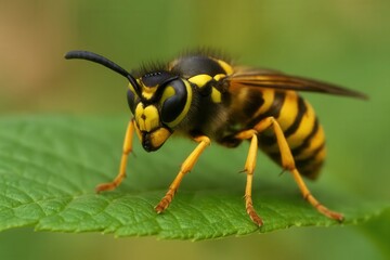 A yellow and black wasp sitting on a green leaf