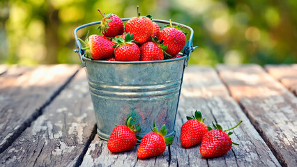 Summer garden harvest. Juicy raspberries in a metal bucket on a rustic table.
