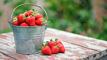 Fresh ripe strawberry bucket on rustic wooden table, greenery background. Natural berries, summer mood.
