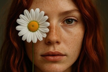 A woman with red hair holding a white flower in front of her face