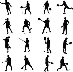 Dynamic Male Tennis Player Silhouettes Set: Various Poses with Rackets and Balls for Sports Graphics