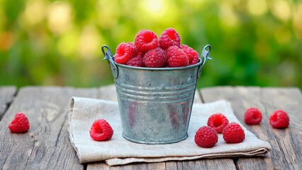 Summer garden harvest. Juicy raspberries in a metal bucket on a rustic table.