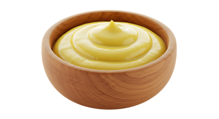 Wooden bowl of creamy yellow mustard isolated on transparent background