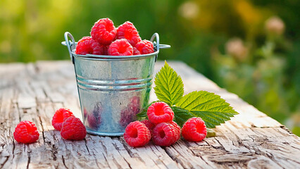Summer garden harvest. Juicy raspberries in a metal bucket on a rustic table.