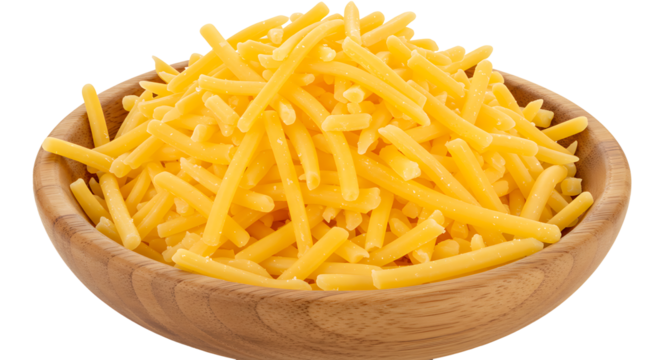 Pile of grated cheddar cheese in wooden bowl isolated on transparent background