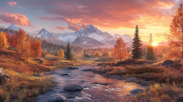 Autumnal mountain stream at sunrise