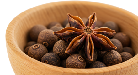 Star anise and allspice in wooden bowl isolated on transparent background
