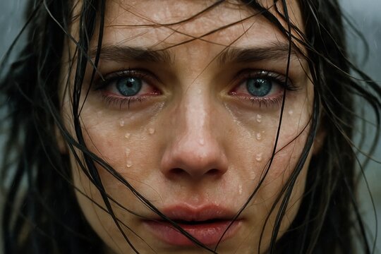 A close up of a woman with wet hair and blue eyes